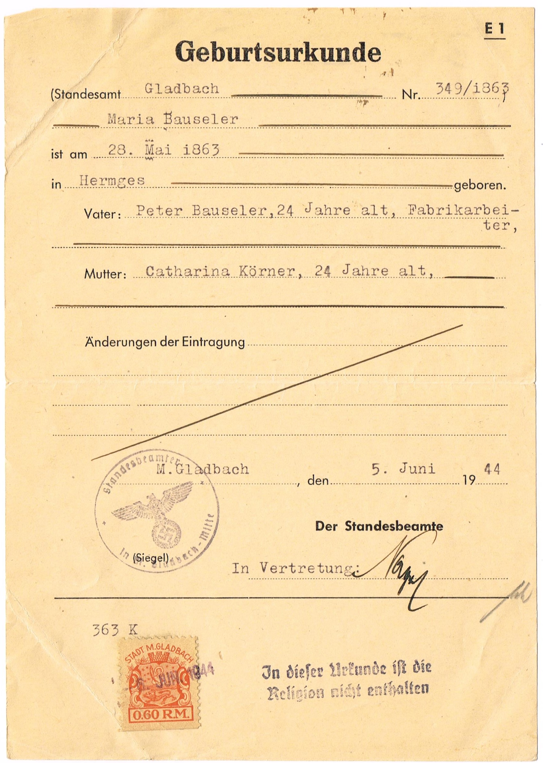 Geburtsurkunde 349/1863